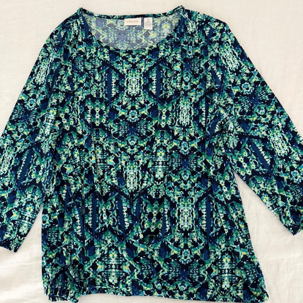 Chico’s Blue Green Printed Wrap-Style Top